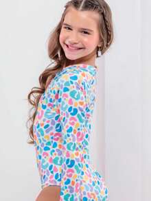 Maiô Infantil Menina Manga Longa Oncinha Proteção UV Solar  Zíper Moda Praia Verão - Azul bebê - Visão 2