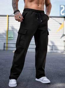 Pantalones largos negros de trabajo para hombres con bolsillos con solapa, cordón ajustable en la cintura y pierna recta, un regalo perfecto para esposos, novios, ropa informal versátil para todas las estaciones.