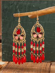 一对波西米亚风格的复古泪珠流苏种子珠耳环，适合女士佩戴，非常适合节日狂欢