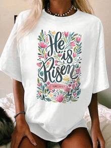 超大号超大号，完美合身，女式圆领花卉短袖，白色“他复活了”花卉印花T恤，耶稣基督教信徒，圣经训诫口号短袖，适合所有年龄段，适合日常旅行游玩和聚会！ - 白色 - 查看 4