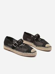 Mesh Espadrilles On Braided Sole With Buckle - Black - View 3