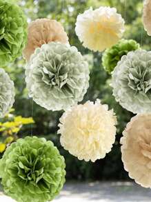 17pcs/16pcs Wedding Party Decor Paper Flower Balls, Khaki, Beige, Olive Green Paper Pom Poms, Birthday Party Background Decoration Balls, Suitable For Festivals, Anniversaries, Wedding, Valentine's Day Decorations Mother's Day Graduation
