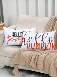 2pcs 50*30cm Hello Pumpkin Pattern Rectangular Waist Pillow Case, Throw Pillow Cover, Thanksgiving Day Polyester Peach Skin Material Cushion Cover, Autumn Fall Thanksgiving Holiday Party Family Gatherings Decoration, Creative Home Ornament Decor, Room Bed Sofa Decor ﻿ ﻿