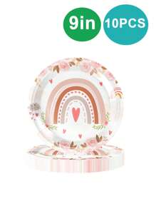 10pcs Pink Bohemian Rainbow Birthday Plate And Napkin Party Cutlery Set, Includes 7 In/9in Paper Plate, 9OZ Paper Cup, For Birthday Parties