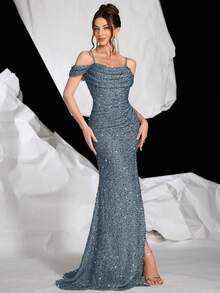 Sequin Shoulder Spaghetti Strap Fitted Mermaid Hem Slit Dress With Lining, Party Formal Evening Gown, For Wedding Guest - Gray Blue - View 6