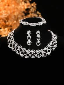 4pcs Rhinestone Embellished Versatile High-End Necklace With Earrings And Bracelet Set, Women Daily, Campus, Wedding, Party, Valentine's Day & Holiday Gift - Exquisite All-match Necklace Set - View 2