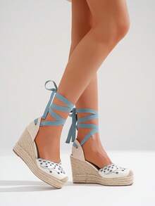 High Wedge Espadrilles With Floral Embroidery - Summer For Women - 藍色 - 查看 1