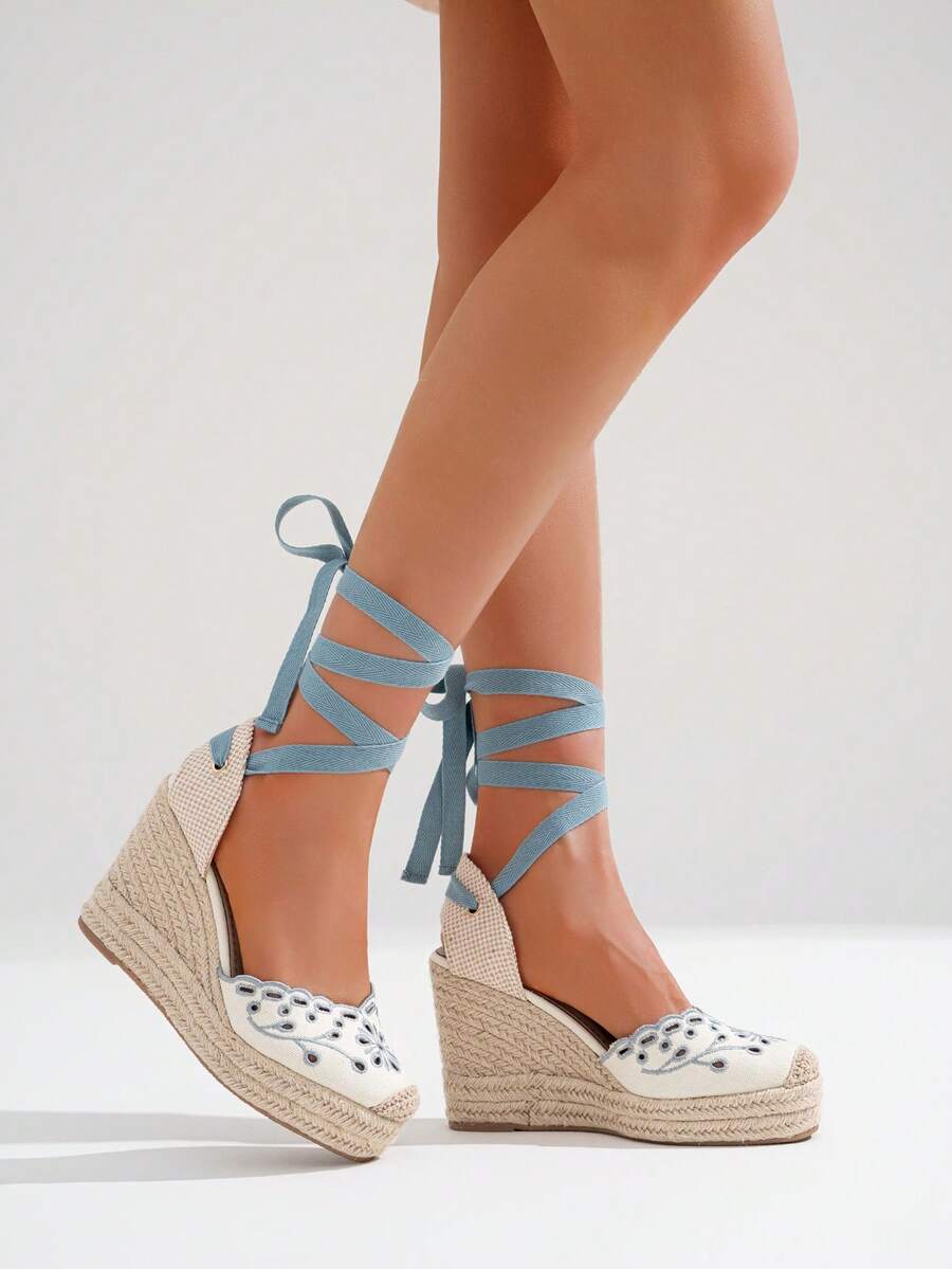 High Wedge Espadrilles With Floral Embroidery - Summer For Women - 藍色 - 查看 1