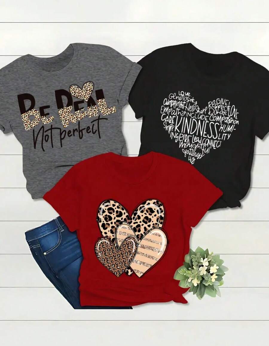 Conjunto de Camisetas de Cuello Redondo para Mujer, 3 Piezas, Ajuste Holgado y Sólido en Varios Colores con Estampado de Amor y Corazón, Ideal para Capas o Uso Único - Esencial para Primavera/Verano y Todas las Estaciones - Multicolor - Ver 1