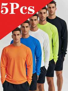 5-Piece Men's Sports Shirt Long Sleeved Sports Top Round Neck T-Shirt, Moisture Wicking, Quick Drying, Very Suitable For Intense Exercise, Running, Gym, Daily Fitness Activities - 彩色 - 查看 1