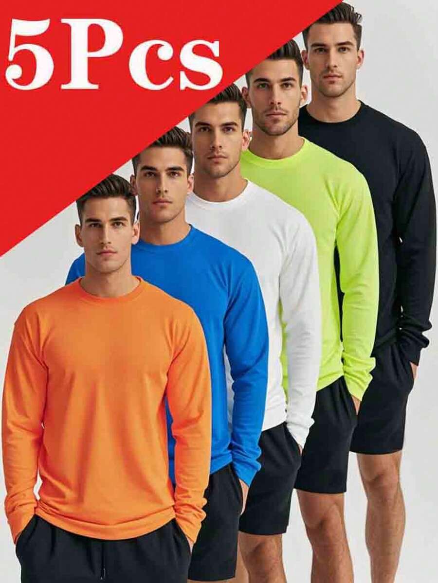 5-Piece Men's Sports Shirt Long Sleeved Sports Top Round Neck T-Shirt, Moisture Wicking, Quick Drying, Very Suitable For Intense Exercise, Running, Gym, Daily Fitness Activities - 彩色 - 查看 1