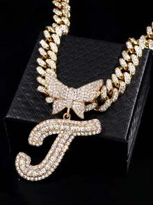 Silvery Women Necklaces - A-Z Initial Butterfly Pendant Necklace & Bracelet Set, Personalized Cuban Link Jewelry For Women, Rhombus Cuban Link Chain, Cursive Letter Jewelry Gift