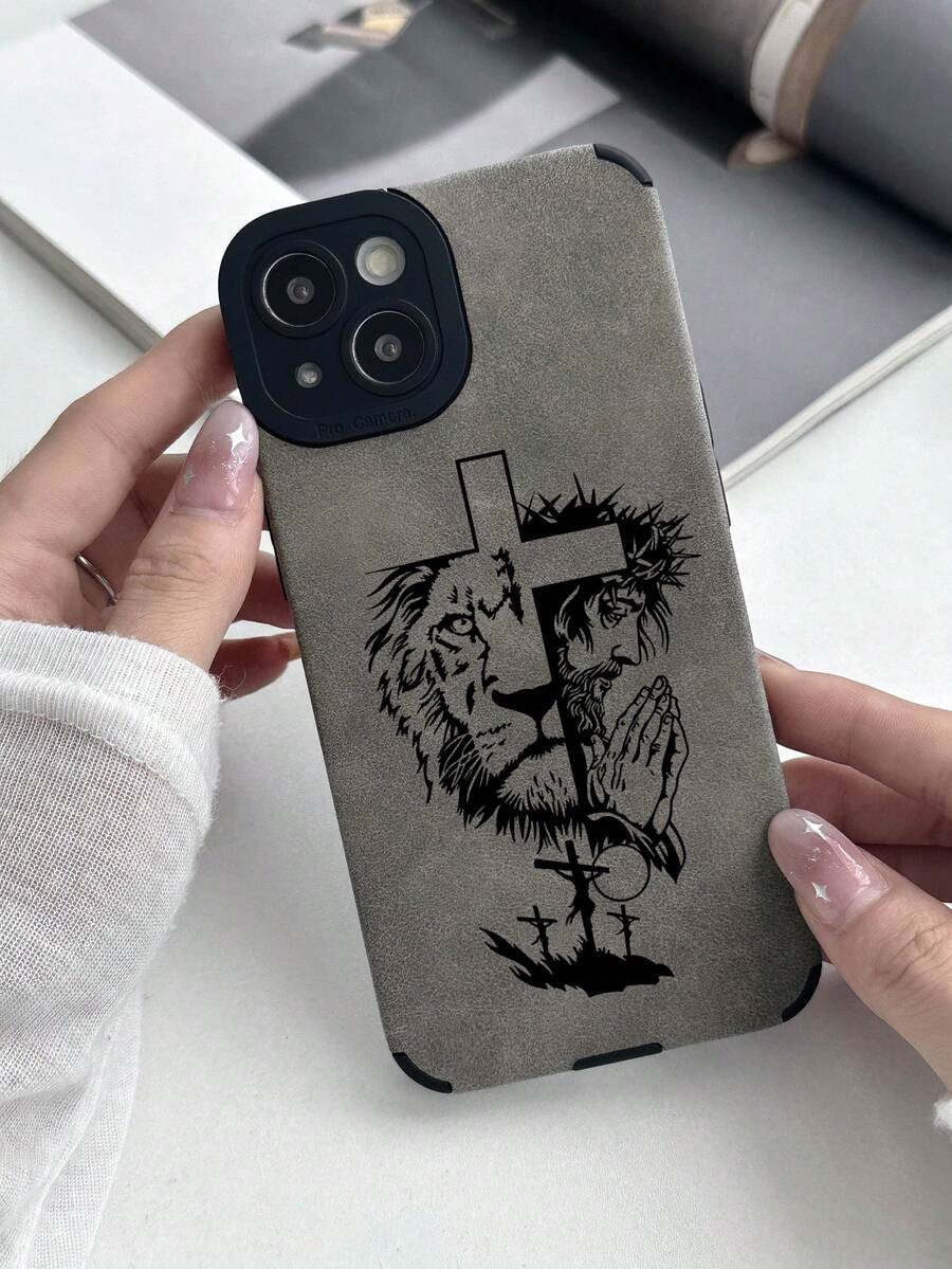 Luxury Faux Leather Lion Graphic Phone Case, Symbol Of Strength, Cross Christian Faith Pattern, Premium Gray Color, Full Protection Anti-Drop, Camera Lens Protection, Compatible With IPhone, Compatible With IPhone Case, Phone Case, Compatible With IPhone 17 Pro Max Case, Compatible With IPhone 13 Case, Compatible With IPhone 15 Case, Compatible With IPhone 16 Pro Max Case, Compatible With IPhone 16 Plus Case, Compatible With IPhone 18 Pro, Compatible With IPhone 18 Pro Max - Multicolor - View 1