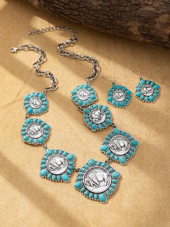 1 套女士复古时尚独特雕花牛头花绿松石锌合金银色项链和耳环，适合春秋季服装、日常、节日和场合穿着