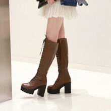 Women's Lace-Up Boots With Straps Up To The Knee, High Combat Boots With Stacked Heels, Chunky Heel Platform Shoes - Black - View 8