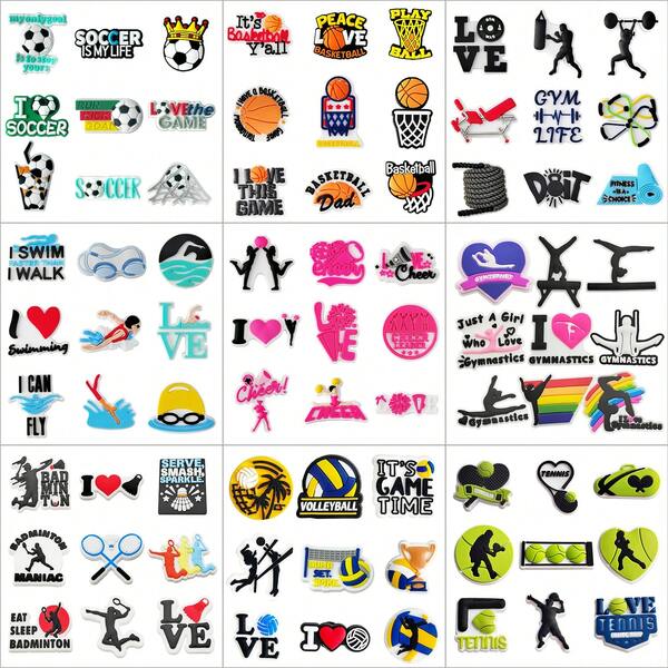 Set de accesorios de natación y deporte fitness para decorar zuecos, sandalias y calzado de jardín, ideal como regalo para amantes de los deportes - Incluye dijes, charms y hebillas DIY