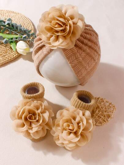 1pc Infant Chiffon Curly Flower Decor Headband Hat + 1 Pair Anti-Slip Baby Floor Leg Warmers, Suitable For Daily Wear