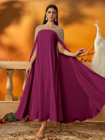 AmazingHoney 优雅的洋红色斗篷袖卡夫坦连衣裙，金色装饰领口，飘逸的 A 字形迪拜女士长袍，端庄的开斋节服装，伊斯兰派对礼服，迪拜风格卡夫坦，穆斯林长裙