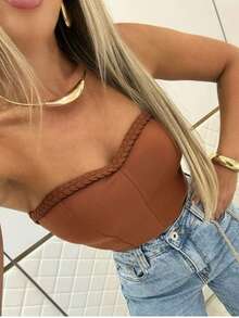 Women's Cropped Corset With Neoprene Cups And Braided Design - 摩卡棕 - 查看 1
