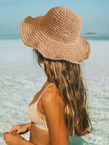 1 pieza Sombrero de paja plano tejido a mano, gorra casual ajustable con protección solar para exteriores, adecuada para primavera, otoño, viajes, vacaciones en la playa, estilo Y2K para gente joven