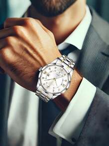 Reloj de cuarzo casual y de negocios para hombres con calendario, con correa de acero inoxidable. Adecuado para decoración de la vida diaria y regalos navideños.