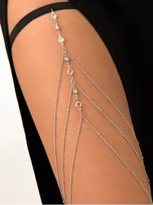 1pc Multi-Layer Tassel Pendant Black Rope Thigh Chain, Elastic Leg Chain With Sparkling Zirconia Stones, Jewelry Body Chain Suitable For All Leg Types, Rave