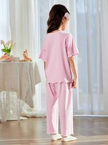 mini bala 女童亲肤睡衣套装夏季新款婴儿柔软弹力甜美透气家居服 - 粉紅 - 查看 3