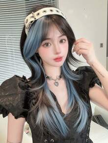 XIXISNOW Synthetic Hairpieces Wavy Layered Wigs With Bangs Blue High 24inch For Beginners Daily Party Use Young - Blue Highlight - View 3