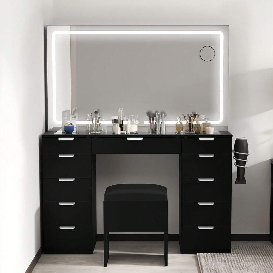 Dressing Table With LED Lights,Glass Top Bedroom Vanity Table With Large Mirror And Stool,Vanity Desk With 11 Drawers,White - Black - View 1