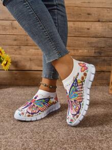 New Mesh Graffiti Print Slip-On Sneakers For Plus Size Women, Lightweight Breathable Colorful Casual Sport Shoes