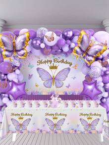 95pcs/Set Purple Butterfly Birthday Background Tablecloth Balloon Set, Balloon Set Perfect For Birthday Party Wall Background, Birthday Background Decorative Balloon Arch Kit, Birthday Gift Party Favor, Birthday Decor Birthday Balloon, Butterfly Decor, Ladies' Birthday Decoration, Including 79pcs Butterfly Balloon Set & 1pc Birthday Plastic Tablecloth & 1pc Birthday Banners & 12pcs Butterfly Decor & 2pcs Balloon Accessory - Màu tím - Xem 7