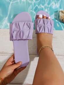 Wide Fit Women's Fashion Square Toe Pleated Flat Sandals, PU Purple Wedge Slippers For Summer Holiday