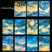 10 Sheets Glow-In-The-Dark Starry Sky Stickers - Matte Adhesive Stickers Suitable For Scrapbook, Diary, Phone Case And Frame Decoration - Starry Night Design (Moon, Stars, Clouds), Star Stickers,School Supplies,Back To School