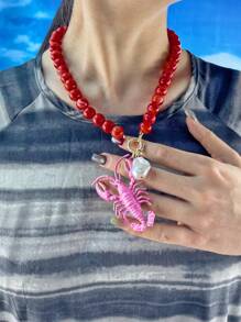 Retro Versatile Crustacean Beaded Handmade Necklace, Vintage Alloy Boho Seafood Jewelry, Fashion Unique Resort Style