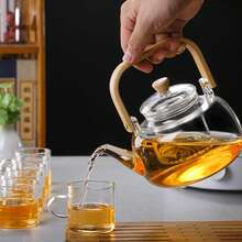 1 pieza Juego de tetera de vidrio con asa y base calefactora, tetera resistente al calor y a prueba de calor de color negro para uso doméstico, hervidor de agua saludable - transparente - Ver 9