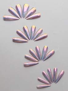 24 件新款长尖全息光泽指甲贴，简约时尚按压式指甲套装，适合时尚女性，包括 1 个指甲锉和 1 个果冻指甲胶美甲用品 - 粉色 - 查看 4