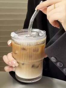 1pc,Coffee Cup, Ins Style Vertical Striped Glass Straw Cup, Highly Attractive Milk Cup, Household Beverage Water Cup, Beer Cup, Whiskey Glass