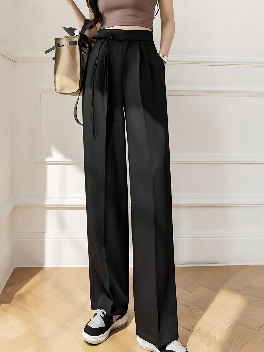 Alta cintura traje de corbata pantalones de pierna ancha las mujeres muestran alta nueva drapeado suelta recta casual pantalones de arrastre - Negro - Ver 1