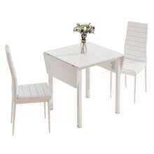 Dining Table And Set Of 2 Chairs, White Drop Leaf Kitchen Table With White PU Leather High Back Chair - White Table & 2 White Chairs - 查看 11