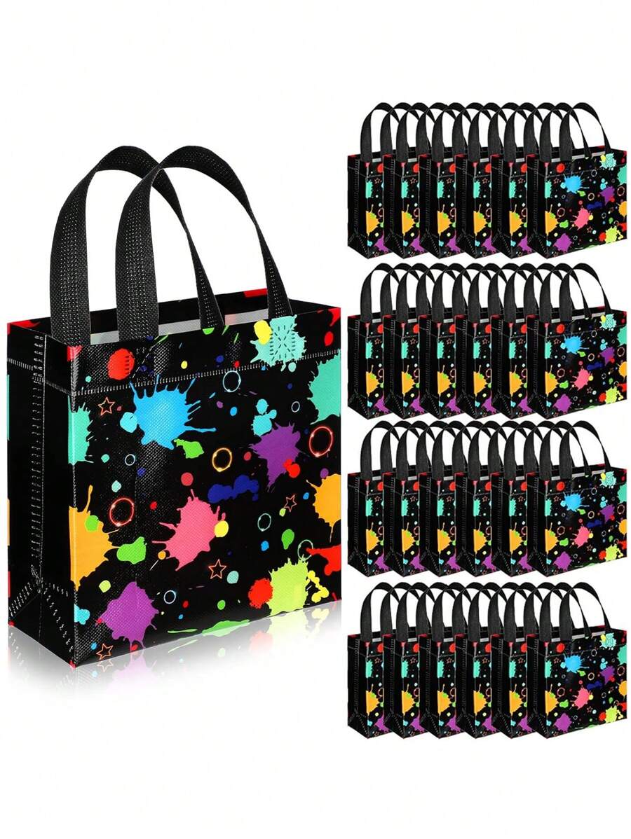 6pcs-Glow In The Dark Gift Bags, Non-Woven Fabric, Bright Neon Print, Reinforced Edges Gift Bags, Glow Party Gift Treat Bag With Handles, Non Woven Goodie Bags For Party, Theme Party Gift Bags With For Birth Party, Mother's Day Graduation Party