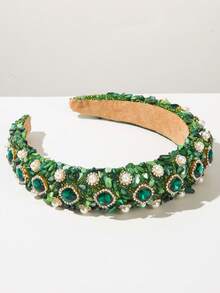 1件装女士时尚天鹅绒海绵垫发箍，复古华丽水钻和仿珍珠装饰，奢华高端派对头饰，发箍，发圈发带，发饰，头饰 - FG1370-綠色 - 查看 2