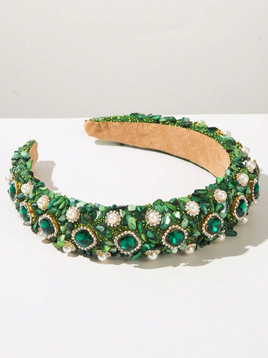 1件装女士时尚天鹅绒海绵垫发箍，复古华丽水钻和仿珍珠装饰，奢华高端派对头饰，发箍，发圈发带，发饰，头饰 - FG1370-綠色 - 查看 1
