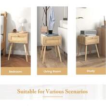 Rattan Bedside Table Wood Nightstand End Table With Handwoven Rattan Dration Natural Accent Sofa Side Table For Bedroom Living Room 1 Drawer 2 - Natural - View 5