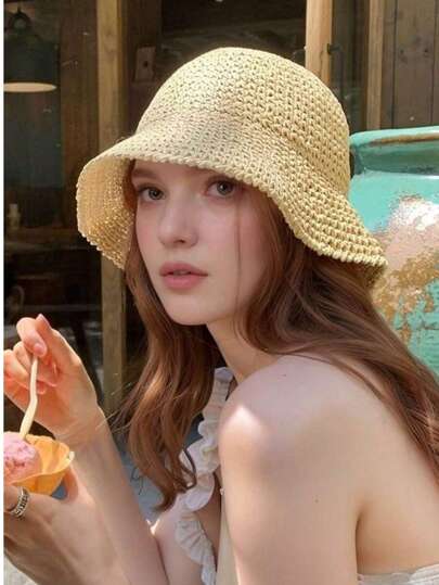 1pc Women's Beige Japanese Beach Straw Hat, Bucket Hat Style