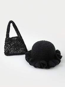 1 Set Women Handmade Crochet Solid Color Hat + Handmade Yarn Bag, Suitable For All Seasons Daily Outfits - Hat + Handmade Bag - View 14