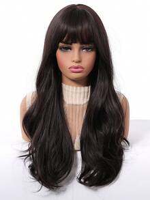 Long Brown Wig With Bangs Wave Curly Wigs For Women 24 Inch Heat Resistant Natural Synthetic Wig For Daily Party Use,Mother's Day Gifts Or Holiday Party Everyday Wear,Gifts For Women,Accessories Women - 棕色 - 查看 4