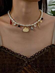 1pc Bohemian Summer Beach Metal Shell, Sea Conch & Faux Pearl Pendant Necklace, Baroque Simple Geometric Style, All-Season Accessory For Women - Multicolor Ocean Necklace - View 1