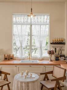 2pcs "Encounter Tenderness! Lace Curtain Covers Window, Infuses Kitchen With Dreamy Ambience, Displaying Elegant Living Aesthetics" Nordic Romantic Style, 100% Polyester Material, Rod Pocket Design, Suitable For Bedroom, Living Room, Kitchen, Balcony