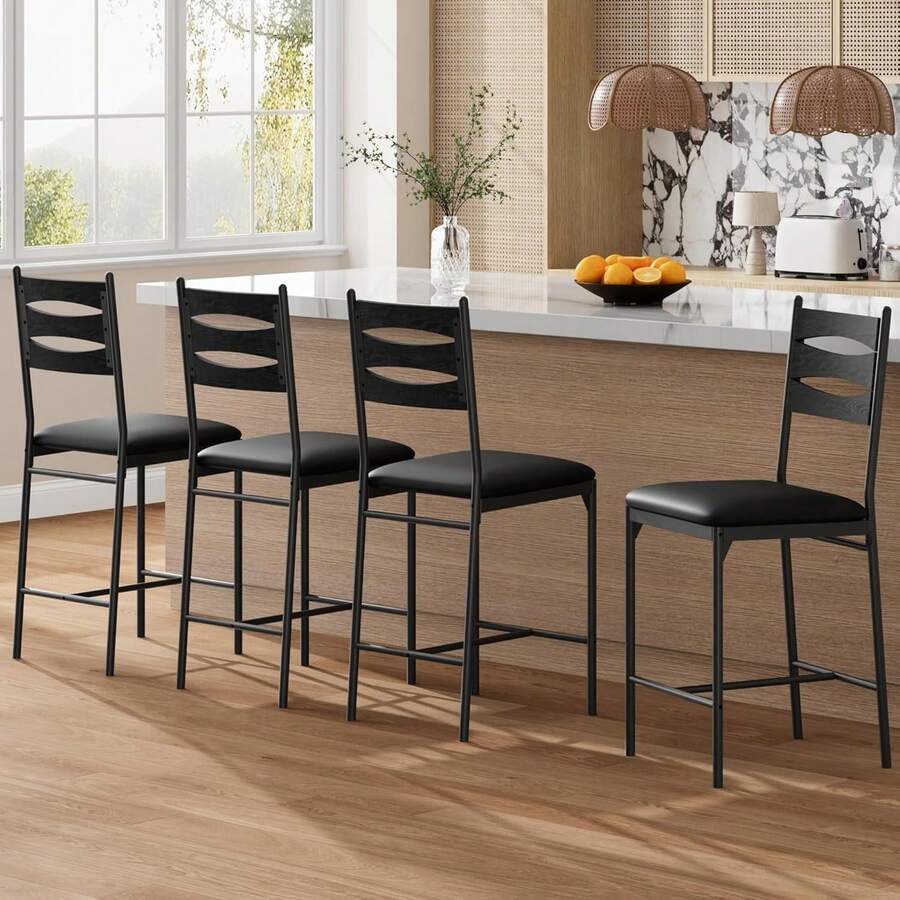 Bar Stools Set Of 4, Wooden Barstools, Faux Leather Upholstered Bar Chair With Back & Footrest & Thick Cushion, Counter Height Bar Stools For Kitchen Island Apartment - 黑色 - 查看 1