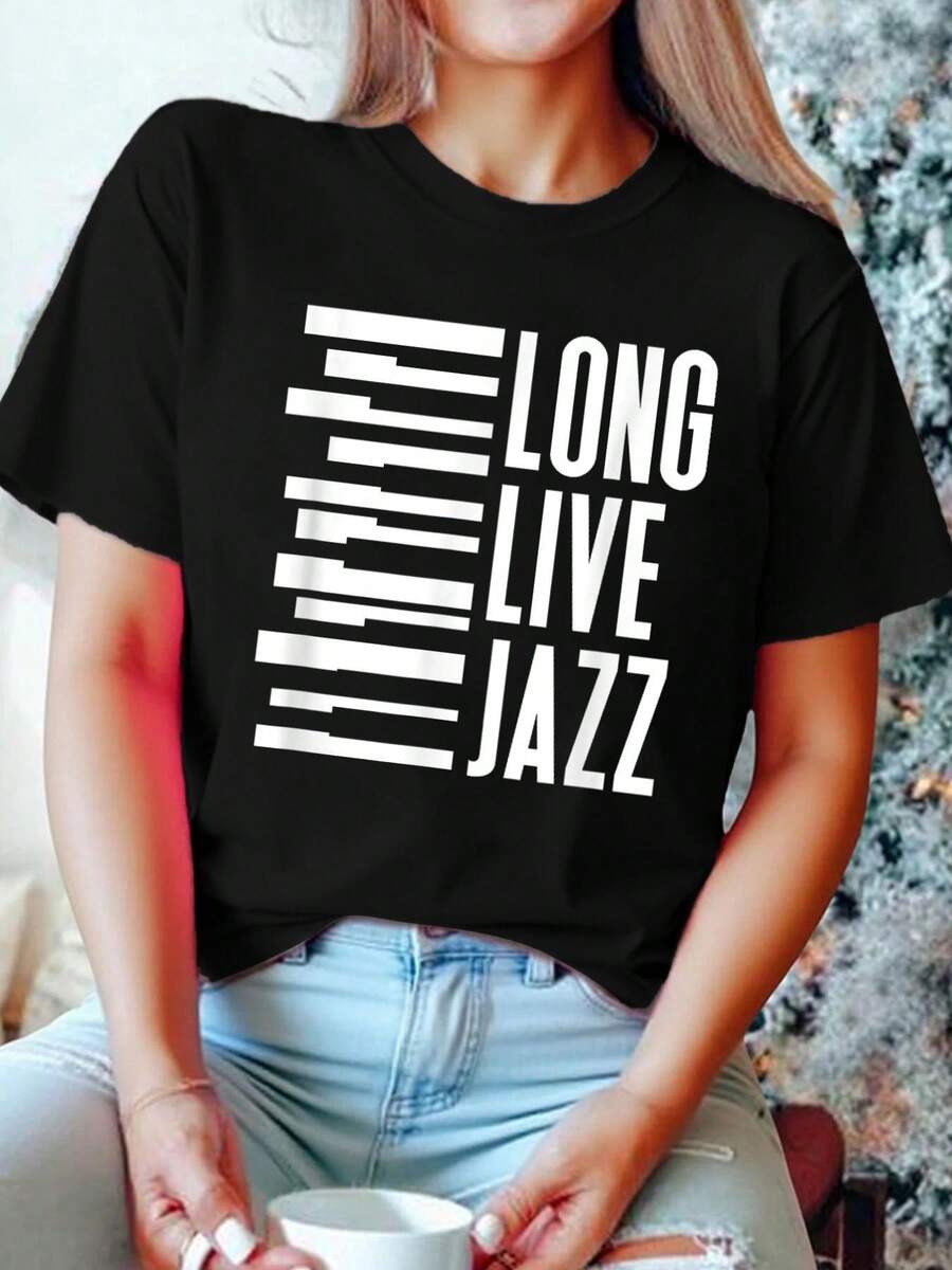 100% Cotton Long Live Jazz Music Pianist Jazz Lover Jazz Piano T-Shirt - Black - View 1